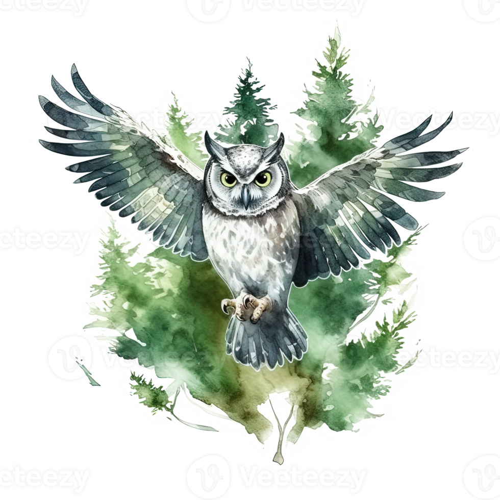 Green watercolor owl. Illustration png