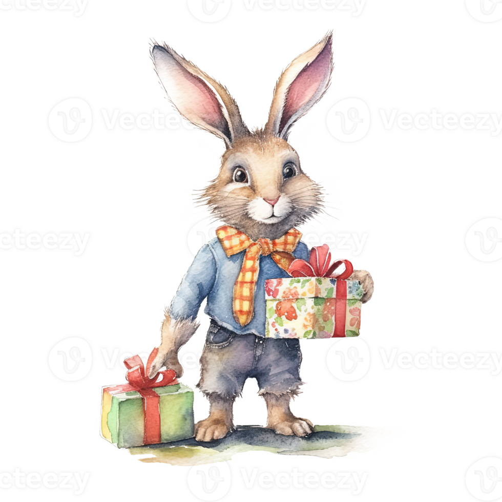 Watercolor rabbit with gift box. Illustration png