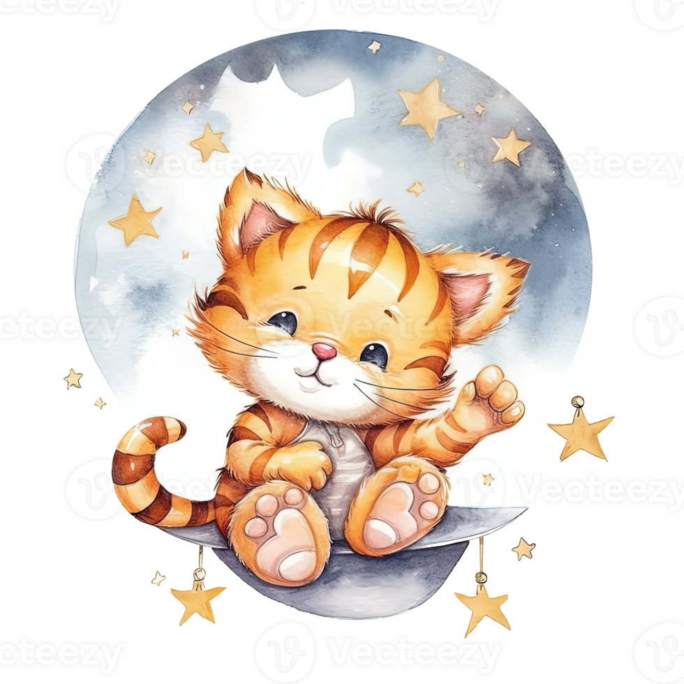 Cute baby tiger watercolor. Good night. Illustration png