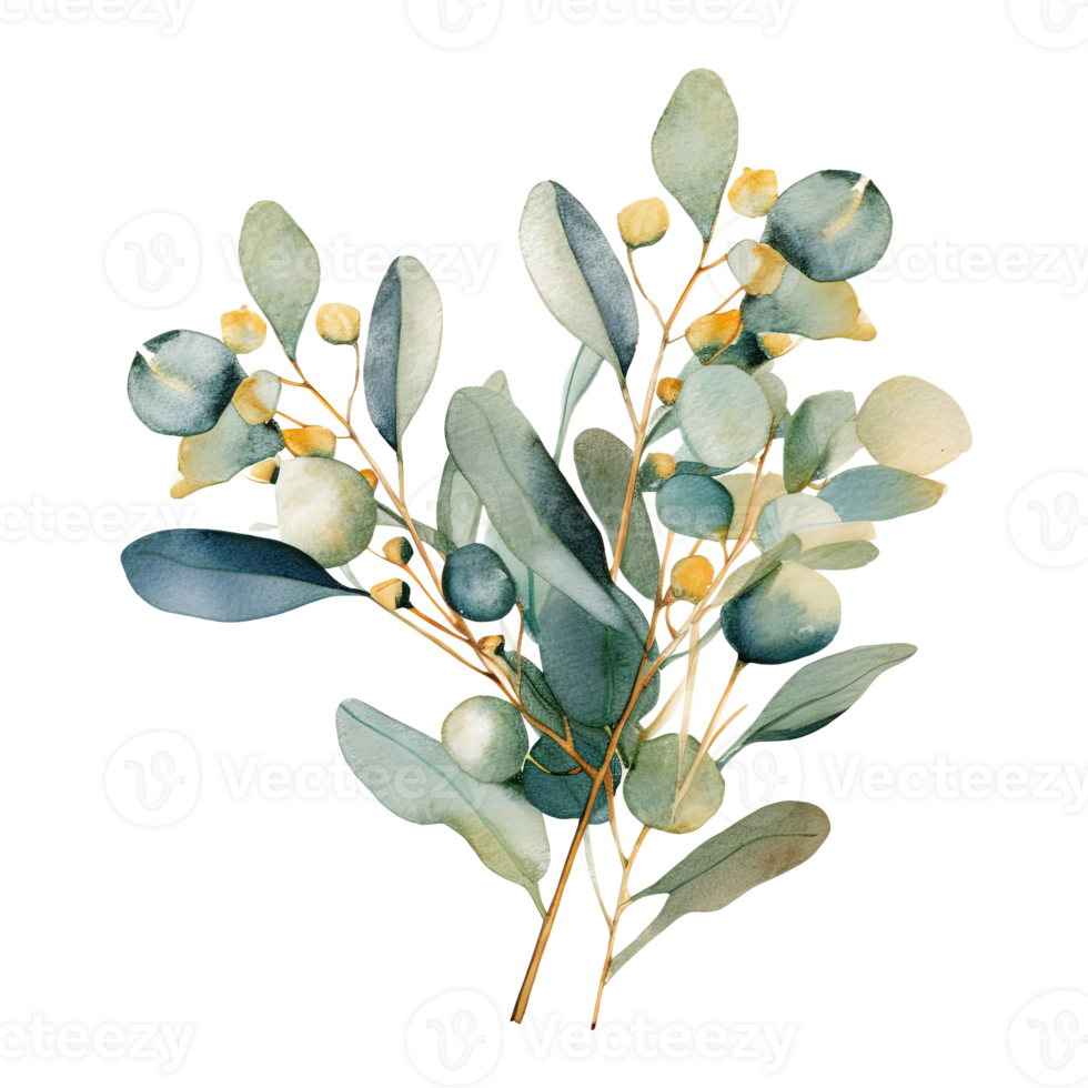 aquarelle vert et d'or eucalyptus feuilles. illustration ai génératif png