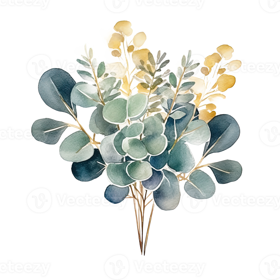 waterverf groen en gouden eucalyptus bladeren. illustratie ai generatief png