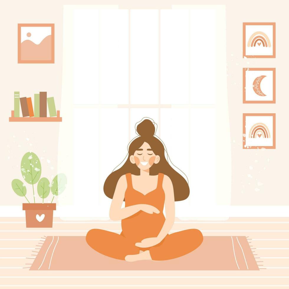 sonriente embarazada mujer meditando en su acogedor habitación. vector ilustración en plano dibujos animados estilo. concepto de el embarazo, salud cuidado, relajación y prenatal yoga