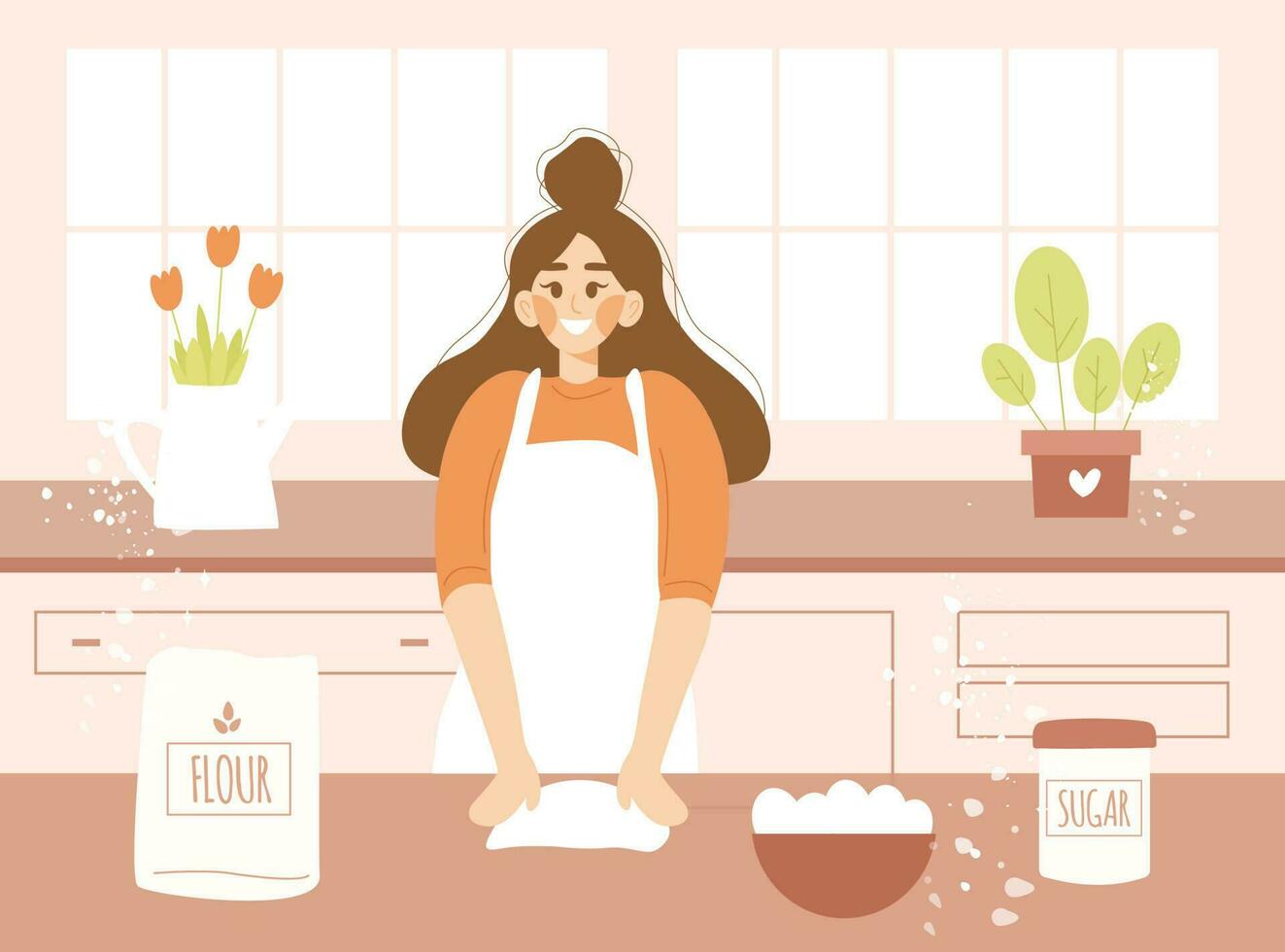 sonriente joven mujer en un delantal Cocinando postre en el cocina a hogar. linda plano dibujos animados vector ilustración