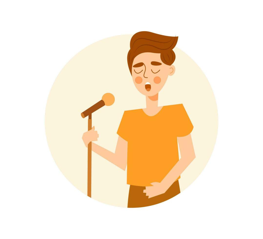 Young guy singing song with microphone. Cute flat cartoon vector character isolated on white background. Concept of hobby or occupation