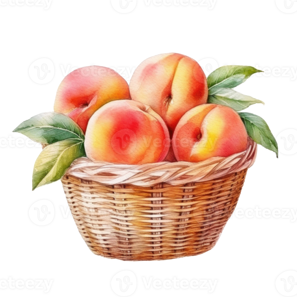 Watercolor peach in basket. Illustration png