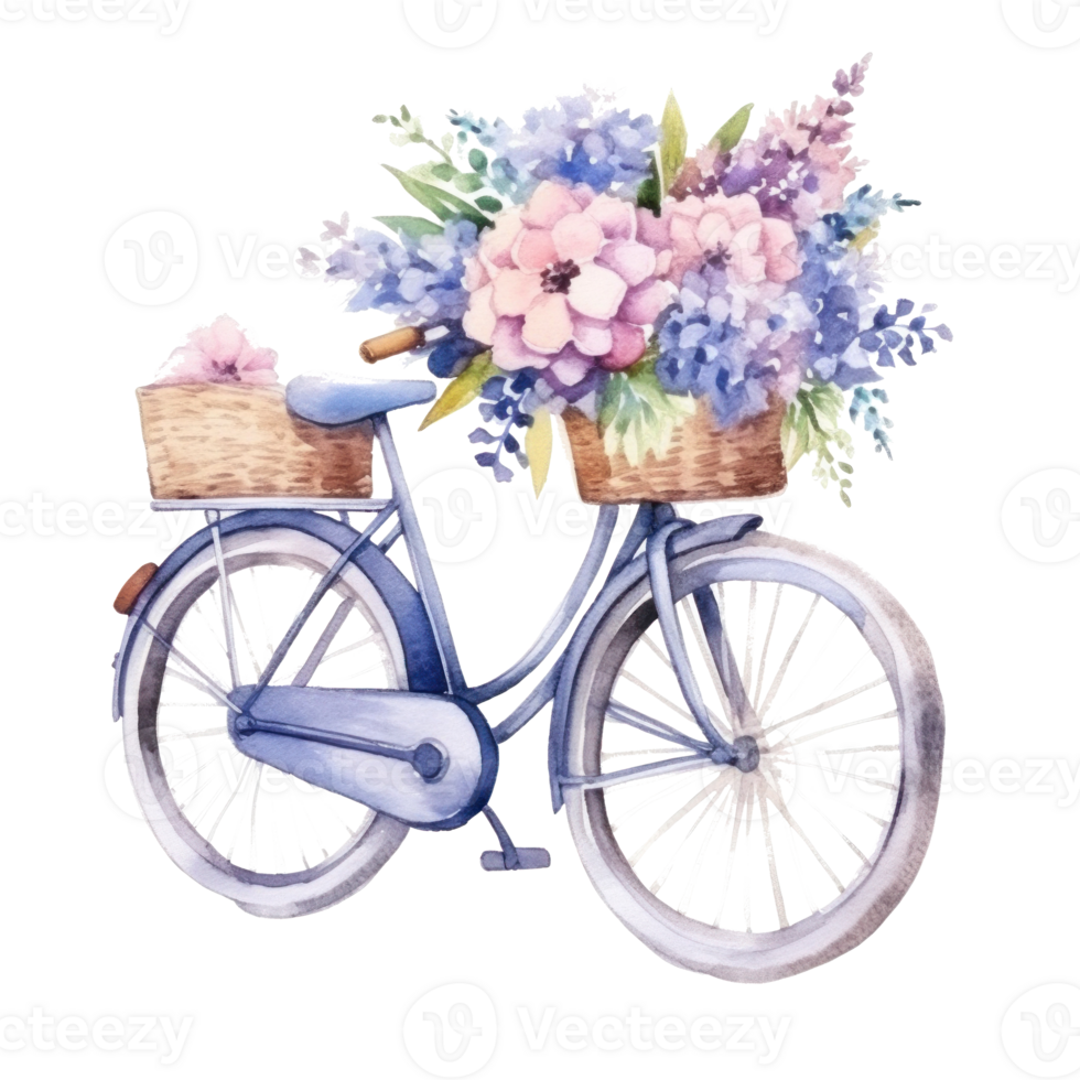 Cute watercolor bicycle with flowers. Illustration png