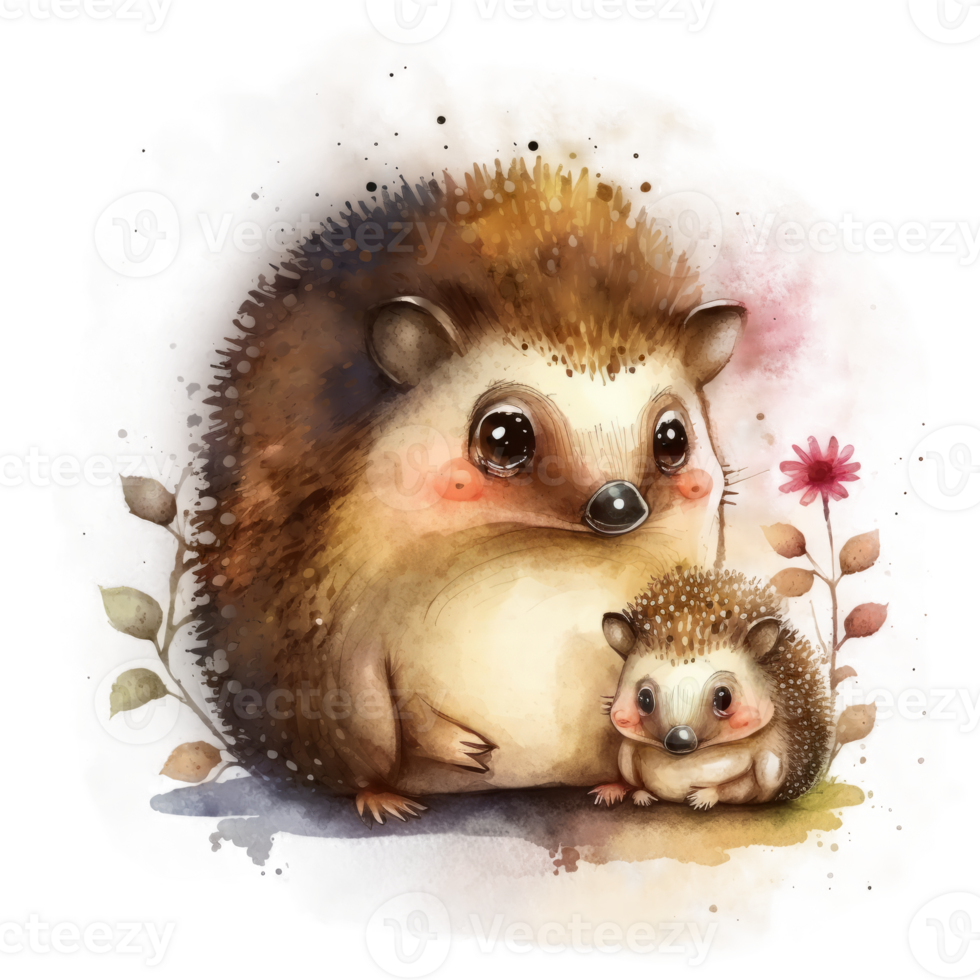 Cute little hedgehog with mom. Watercolor painting cutout. png