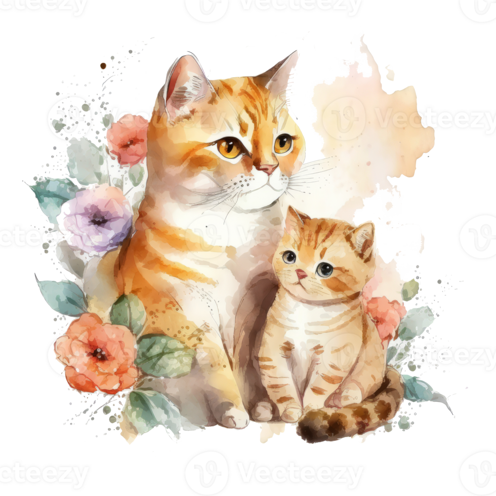 Cute cat with baby watercolor cutout. png