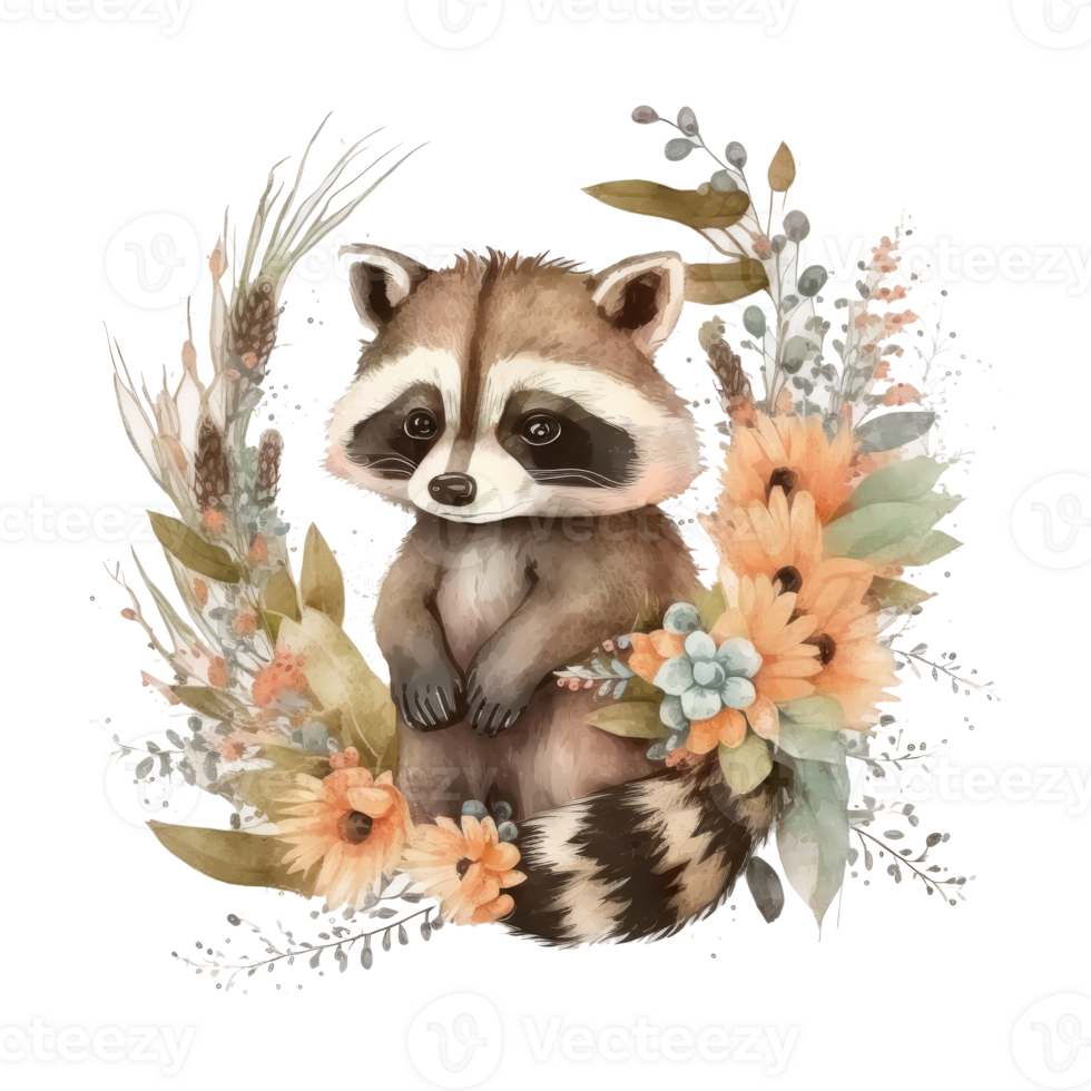 Cute watercolor baby raccoon cutout. png