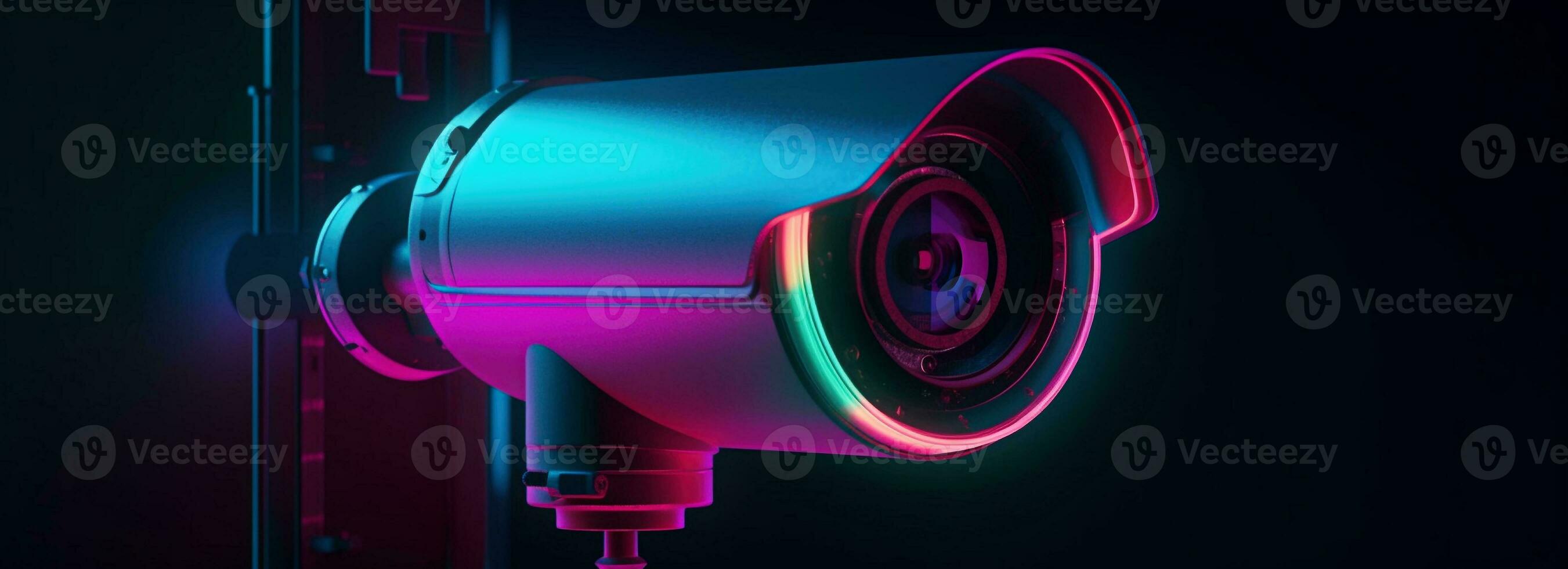 Modern CCTV camera on a wall. A neon light night cityscape background. Concept of surveillance and monitoring. Toned image double exposure mock up. photo