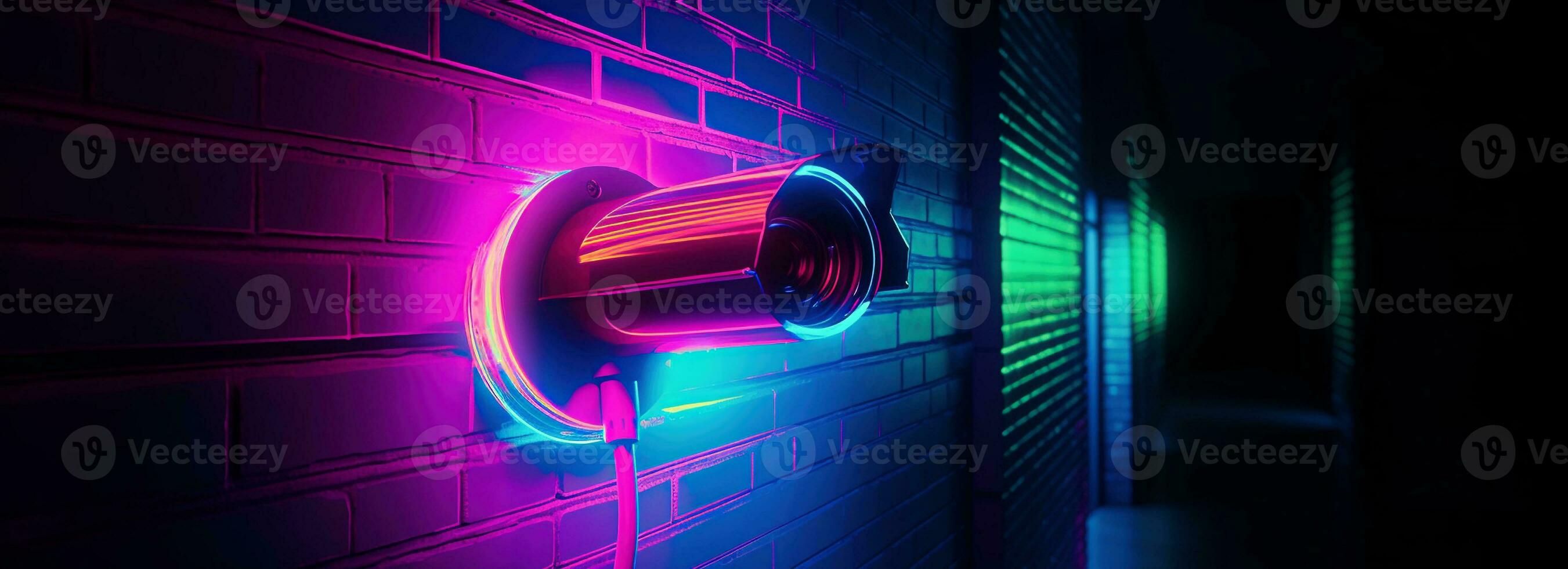 Modern CCTV camera on a wall. A neon light night cityscape background. Concept of surveillance and monitoring. Toned image double exposure mock up. photo