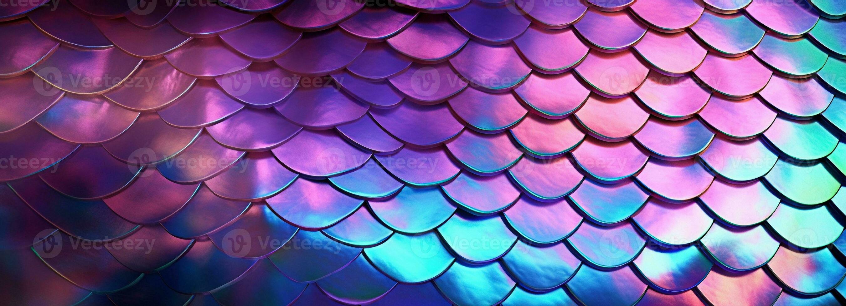 Holographic metal creative background with geometric pattern. Ultra violet neon light holographic trendy mermaid texture banner. Stylized snake or fish or mermaid scales. photo