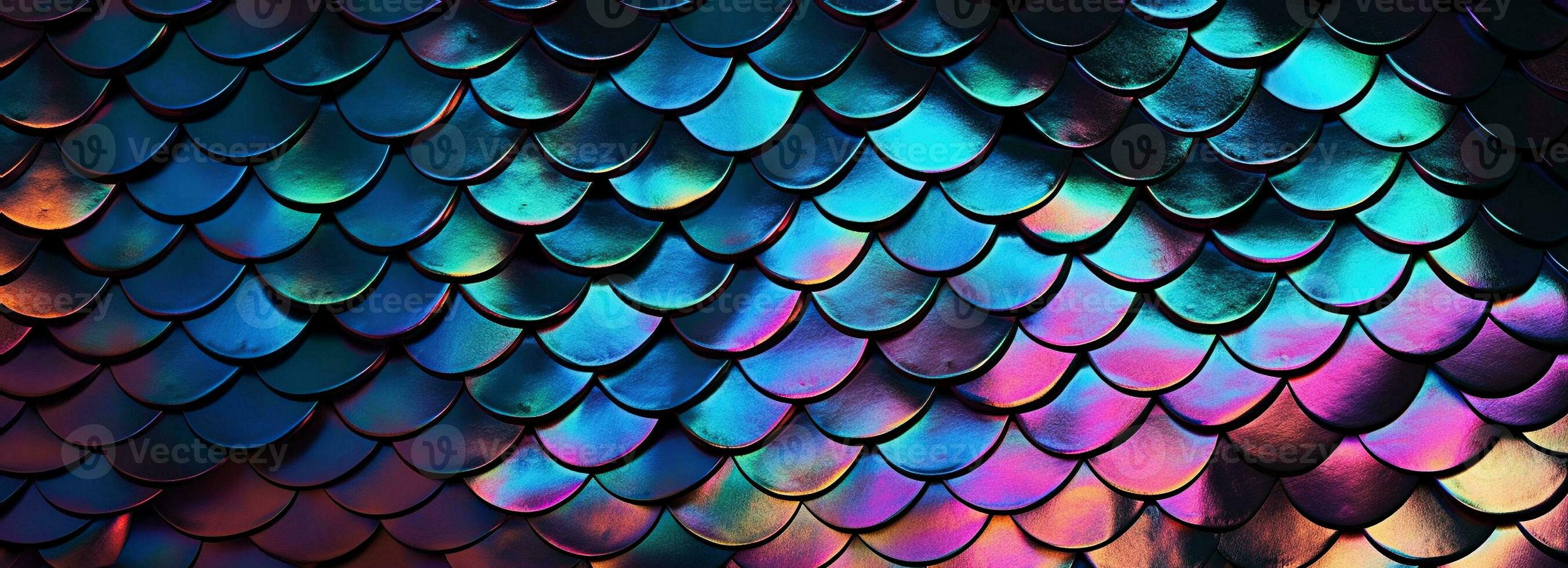 Holographic metal creative background with geometric pattern. Ultra violet neon light holographic trendy mermaid texture banner. Stylized snake or fish or mermaid scales. photo