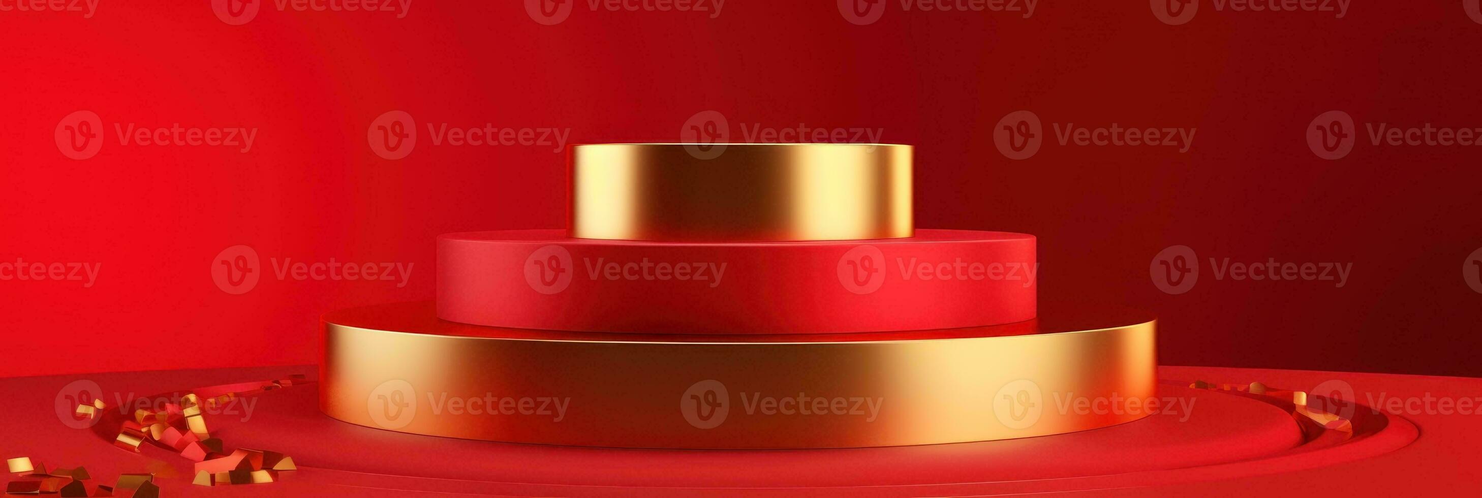 Red modern style one podium product showcase with golden ring frame Japanese style pattern background. A luxury stage for product advertising. photo