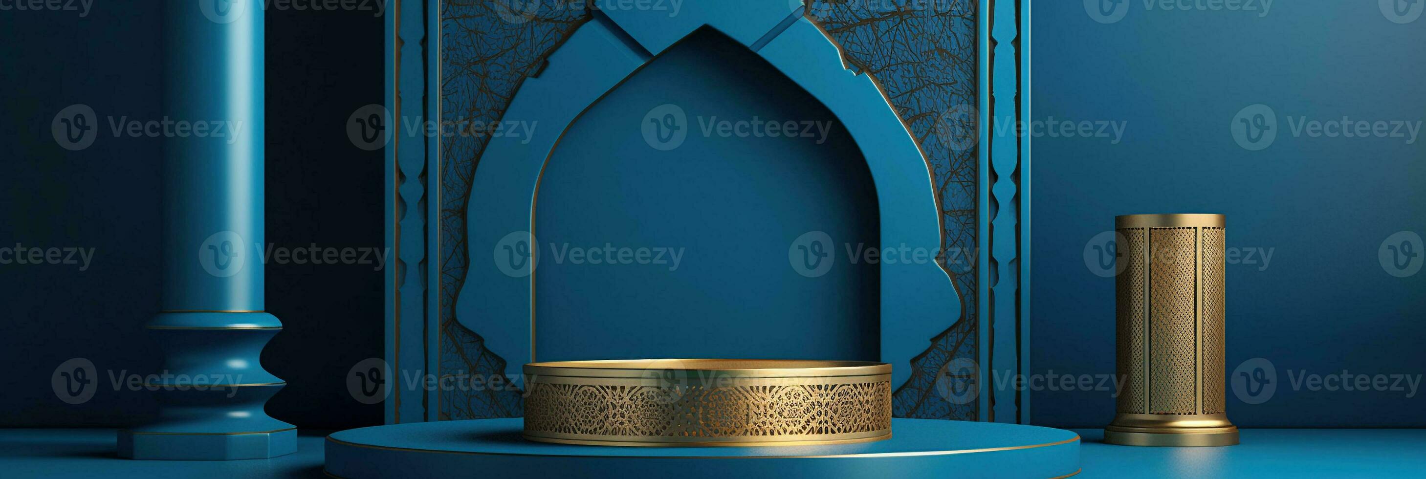 3D render Islamic decoration, Iftar, Eid, lanterns, cannonballs, text space and podium with gold inserts. Ramadan style composition. photo
