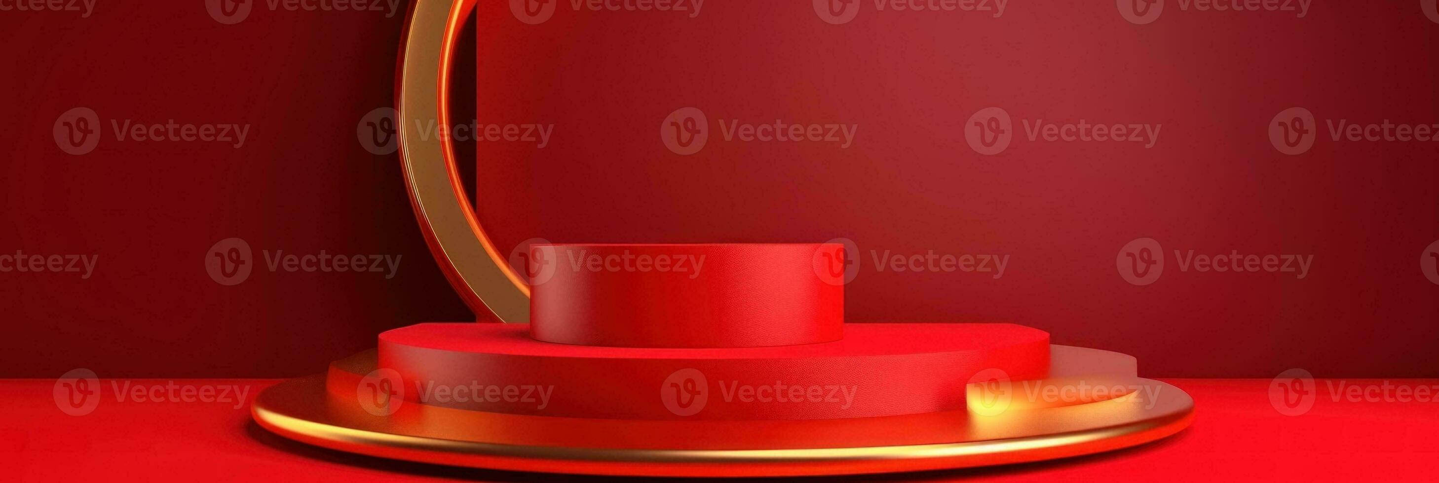 Red modern style one podium product showcase with golden ring frame Japanese style pattern background. A luxury stage for product advertising. photo