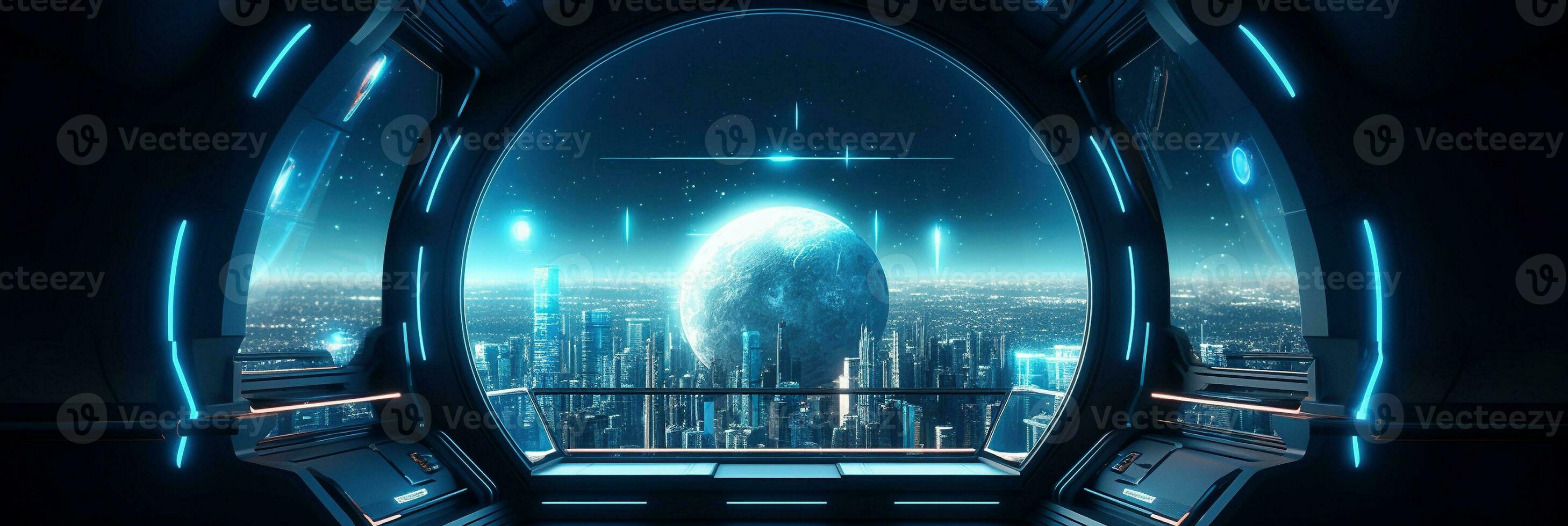 Dark spaceship interior with glowing blue and red lights. Futuristic spacecraft with large window view on planets in space and control panels. 3D rendering. photo