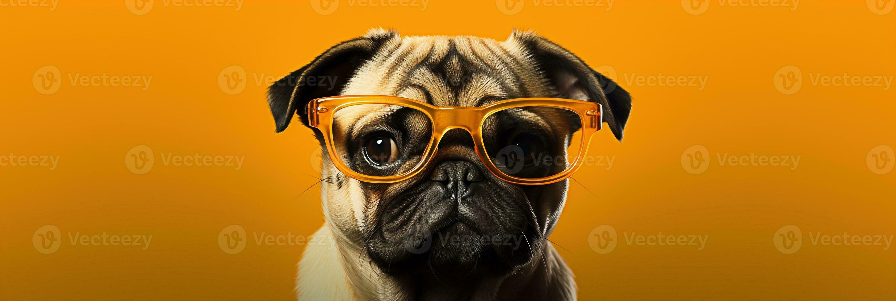Funny dog in glasses. concept banner on the theme of education. Cute pug on yellow background. photo