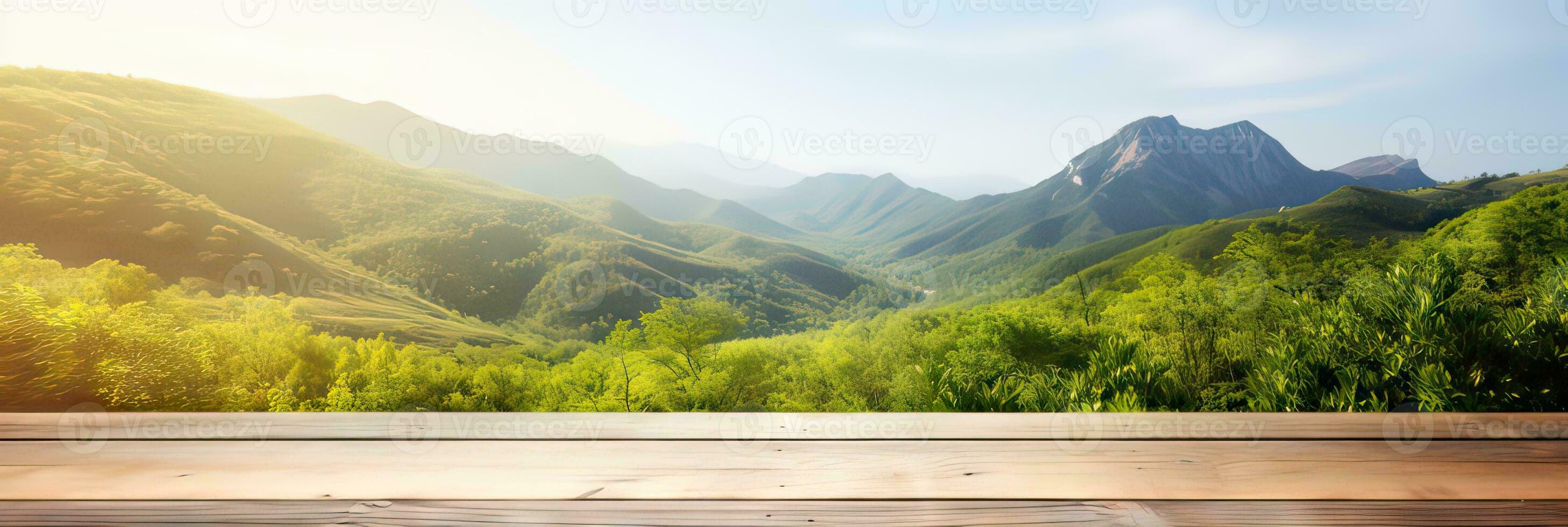 Wooden table terrace with backdrop garden plantation against the sky and the mountains background. Product photo display. Photomontage composition.