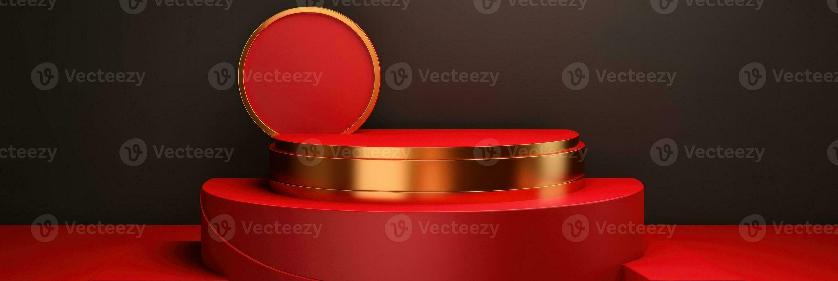 Red modern style one podium product showcase with golden ring frame Japanese style pattern background. A luxury stage for product advertising. photo