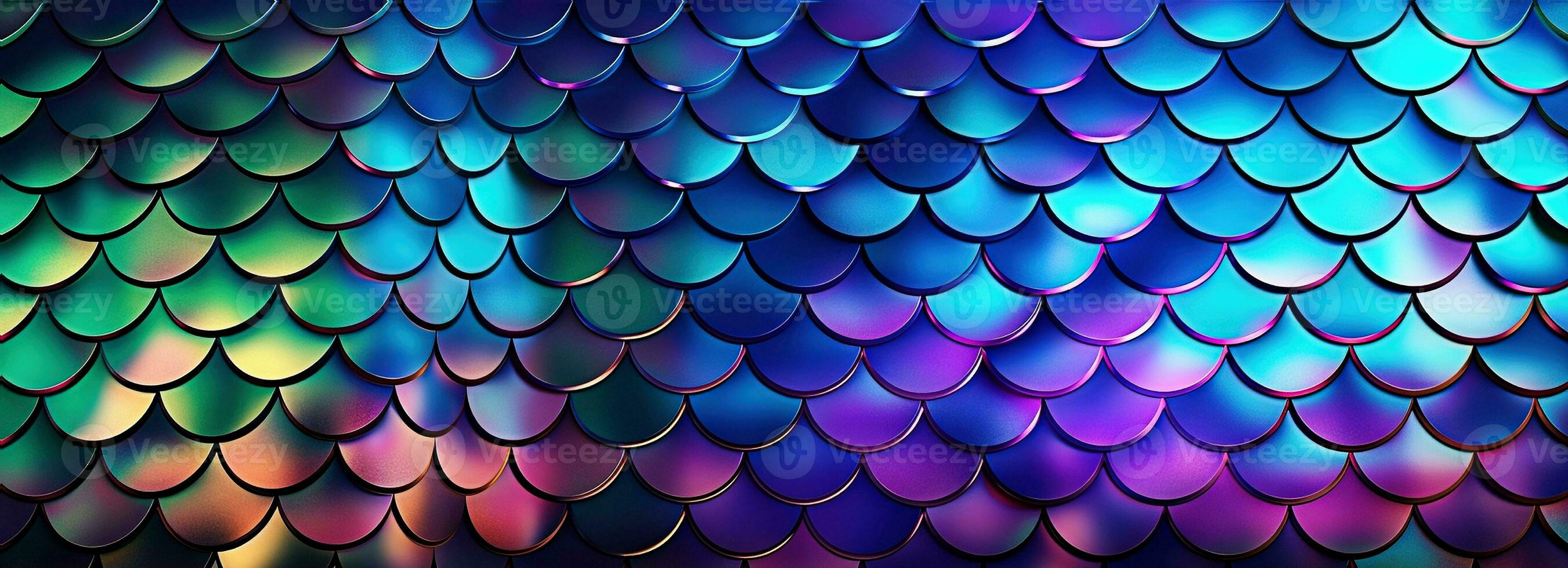 Holographic metal creative background with geometric pattern. Ultra violet neon light holographic trendy mermaid texture banner. Stylized snake or fish or mermaid scales. photo