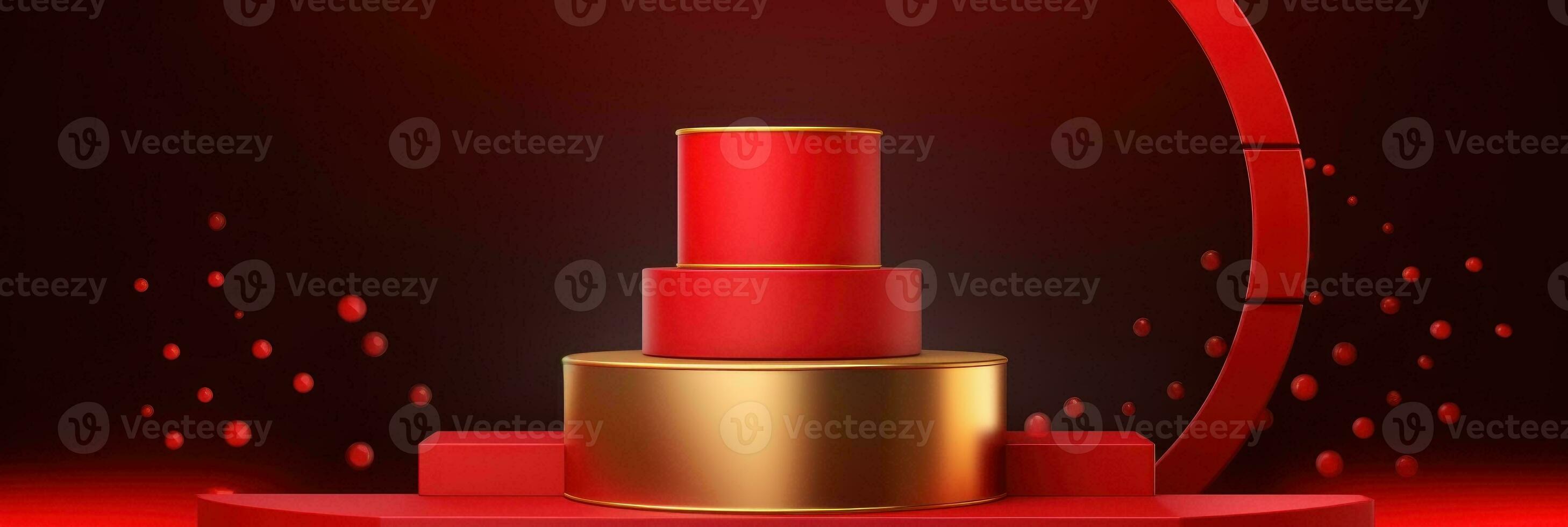Red modern style one podium product showcase with golden ring frame Japanese style pattern background. A luxury stage for product advertising. photo