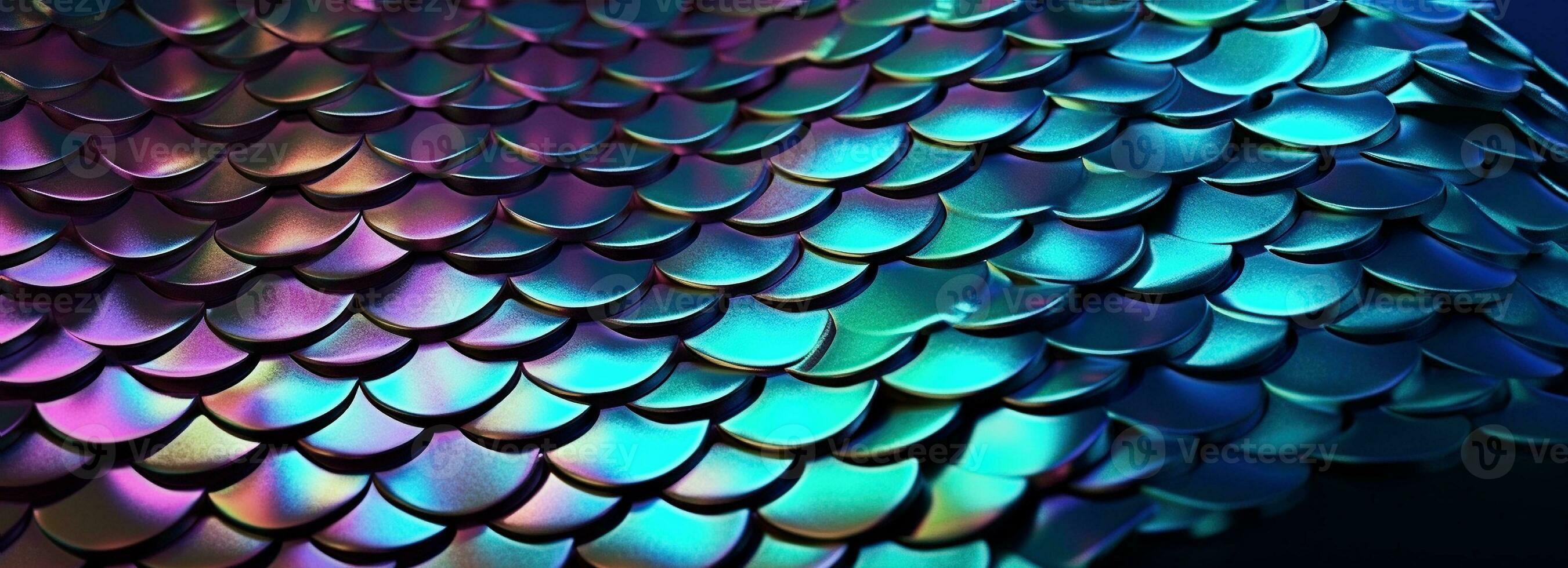 Holographic metal creative background with geometric pattern. Ultra violet neon light holographic trendy mermaid texture banner. Stylized snake or fish or mermaid scales. photo