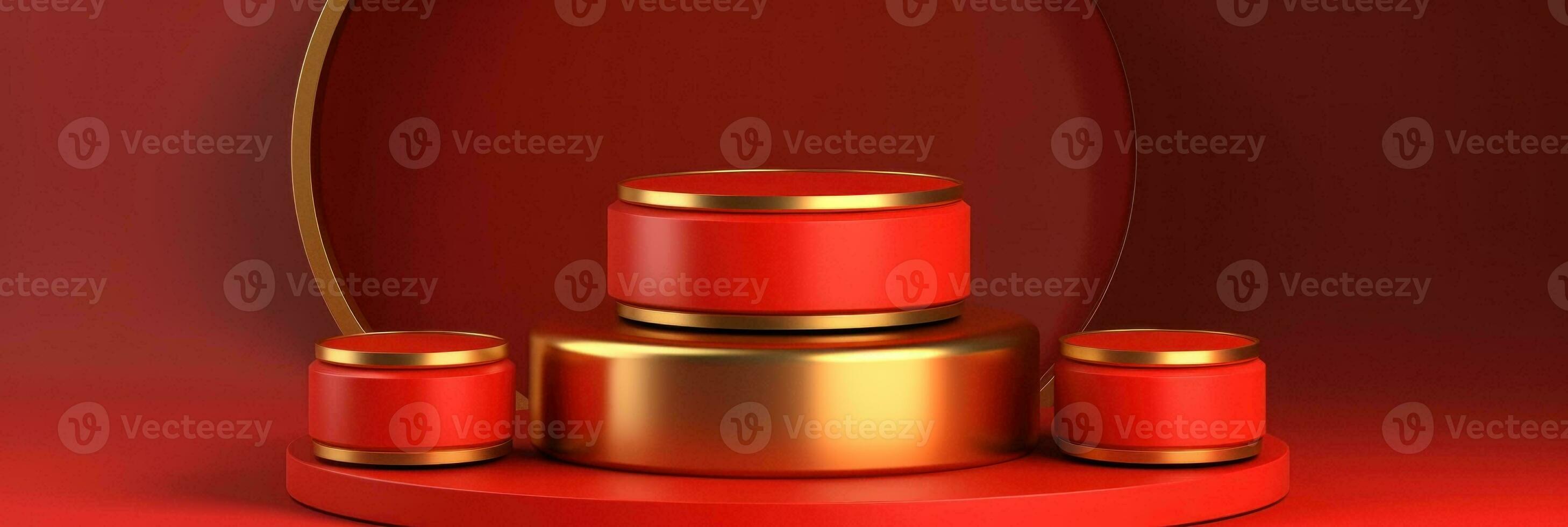 Red modern style one podium product showcase with golden ring frame Japanese style pattern background. A luxury stage for product advertising. photo
