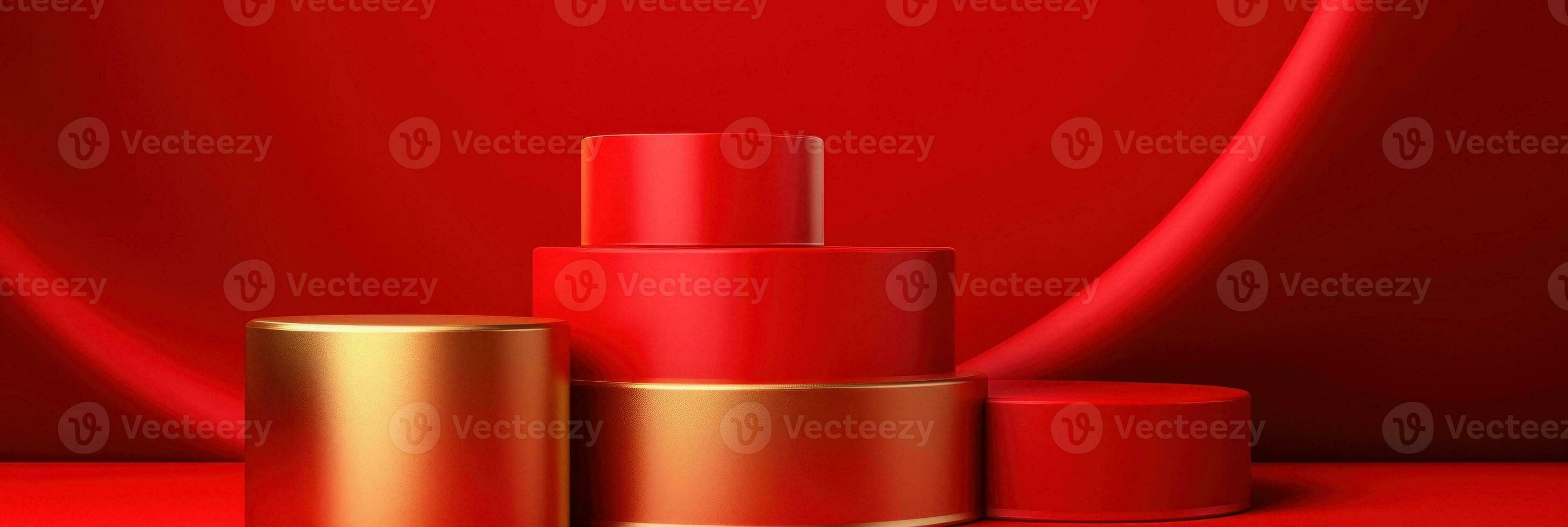 Red modern style one podium product showcase with golden ring frame Japanese style pattern background. A luxury stage for product advertising. photo
