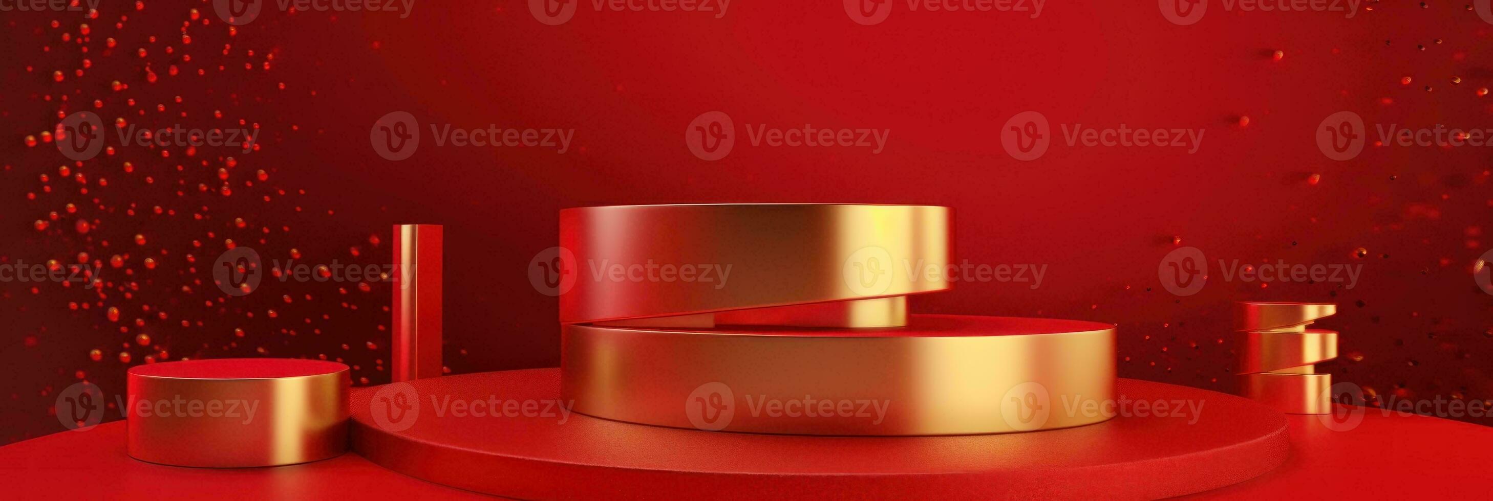 Red modern style one podium product showcase with golden ring frame Japanese style pattern background. A luxury stage for product advertising. photo