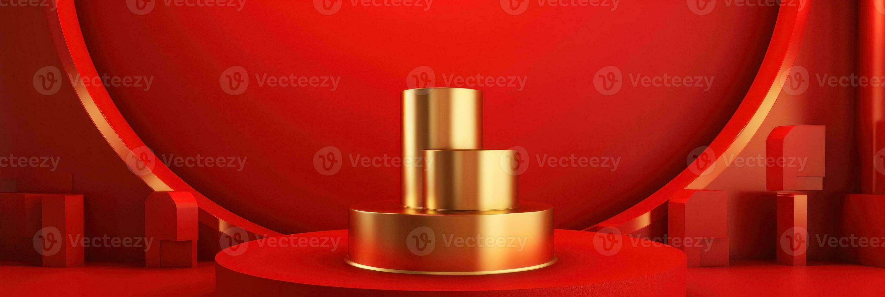 Red modern style one podium product showcase with golden ring frame Japanese style pattern background. A luxury stage for product advertising. photo