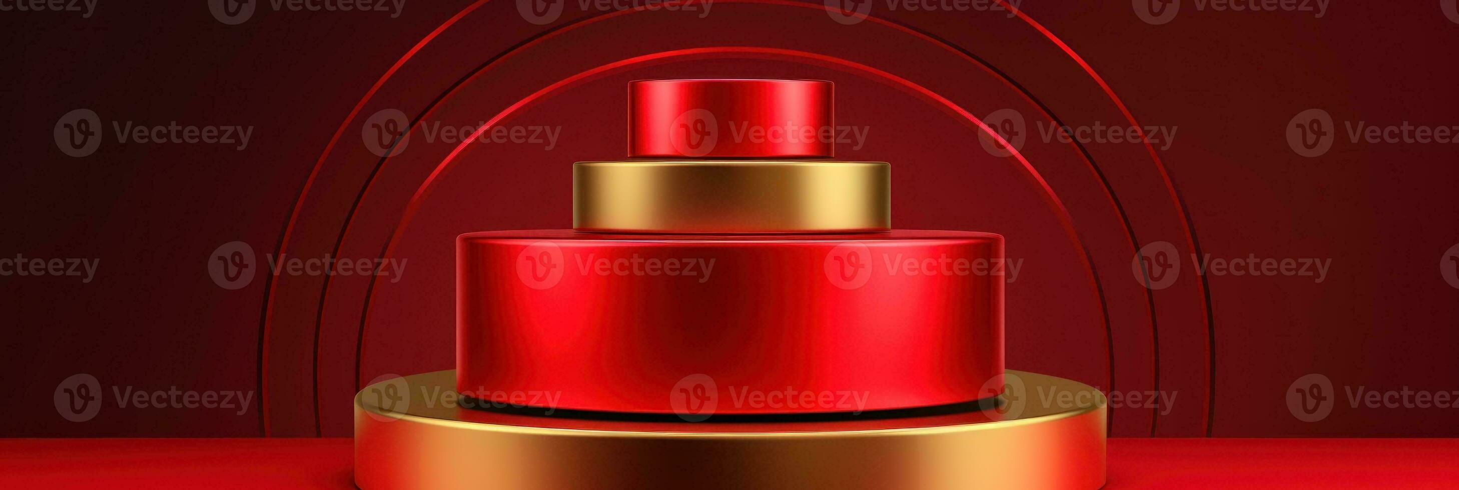 Red modern style one podium product showcase with golden ring frame Japanese style pattern background. A luxury stage for product advertising. photo