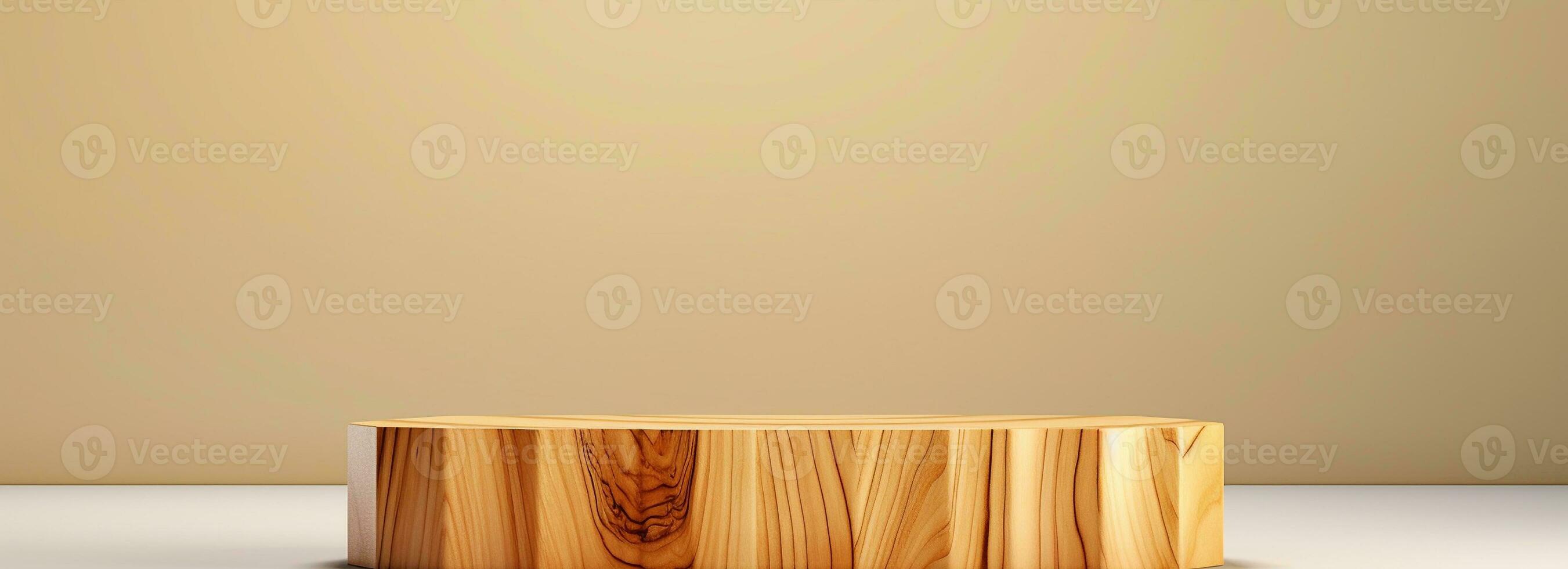 Empty wooden podium on table over modern  background. Interior mock up for design and product display photo