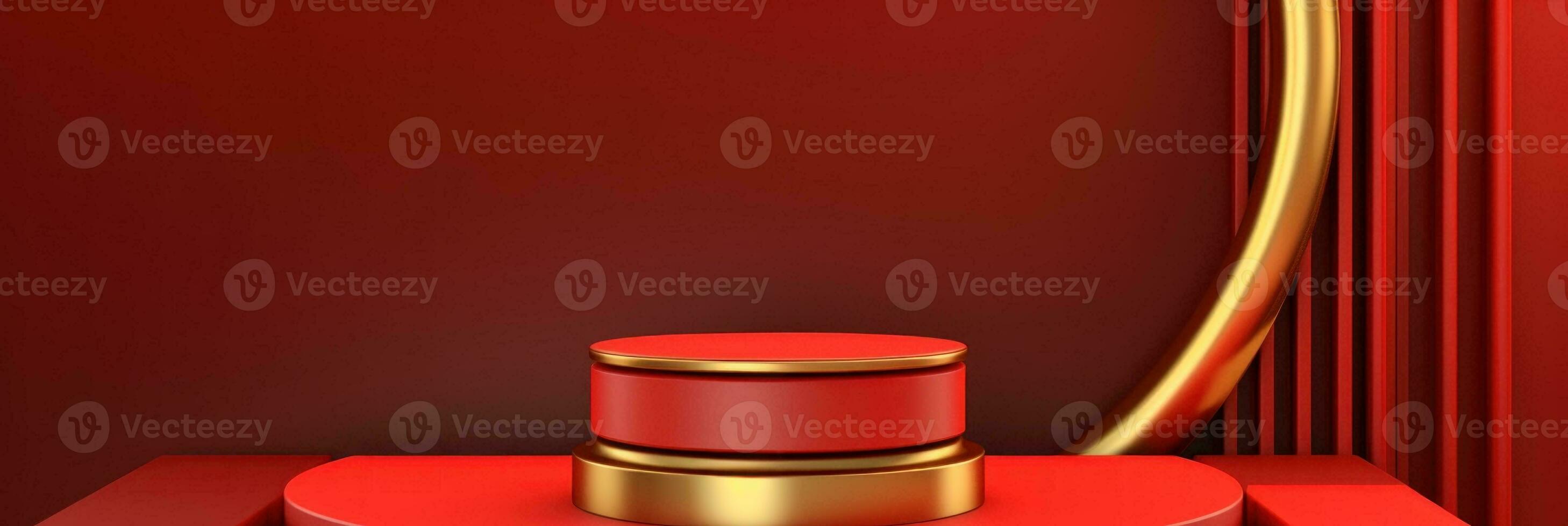 Red modern style one podium product showcase with golden ring frame Japanese style pattern background. A luxury stage for product advertising. photo