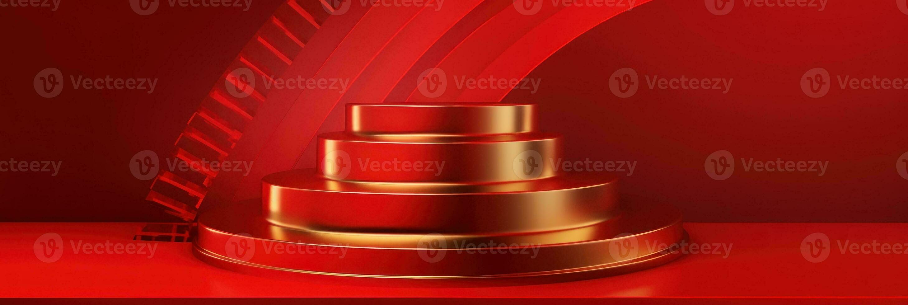 Red modern style one podium product showcase with golden ring frame Japanese style pattern background. A luxury stage for product advertising. photo