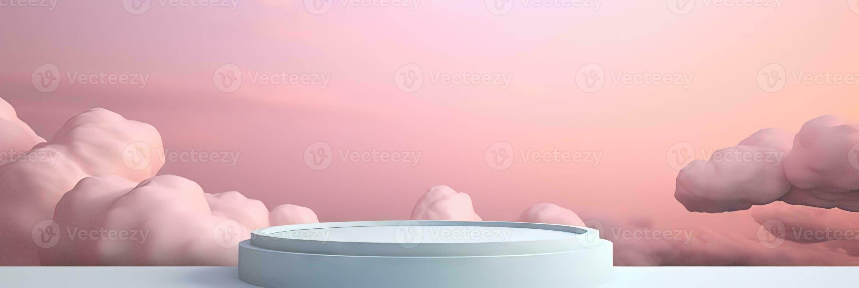 Surreal podium outdoor on blue sky pink gold pastel soft clouds with space. 3d blender composition. Minimalistic showcase from stage and cloud on a blue-pink pastel background photo