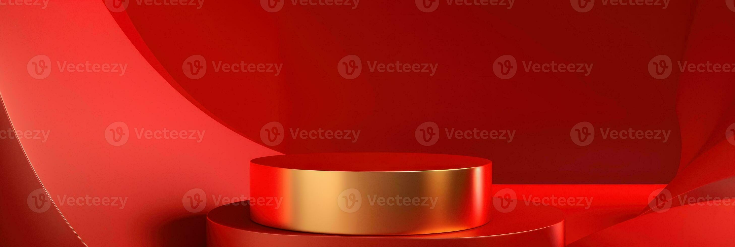 Red modern style one podium product showcase with golden ring frame Japanese style pattern background. A luxury stage for product advertising. photo