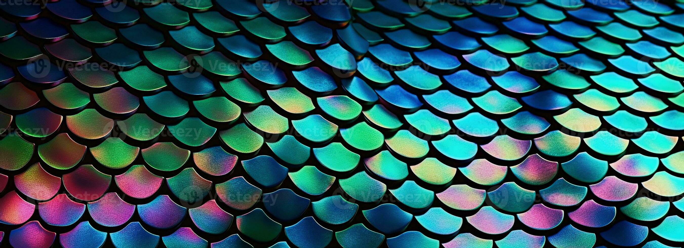 Holographic metal creative background with geometric pattern. Ultra violet neon light holographic trendy mermaid texture banner. Stylized snake or fish or mermaid scales. photo