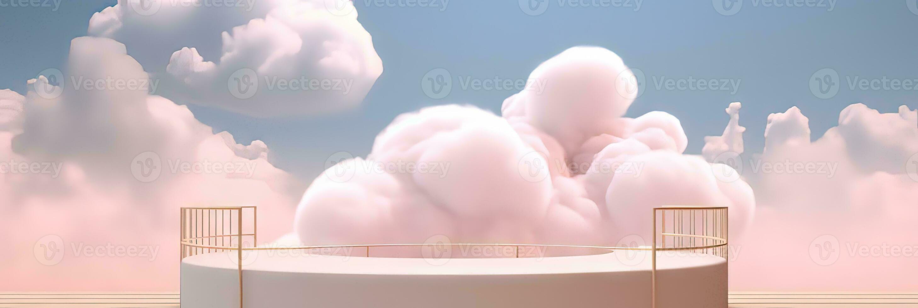 Surreal podium outdoor on blue sky pink gold pastel soft clouds with space. 3d blender composition. Minimalistic showcase from stage and cloud on a blue-pink pastel background photo