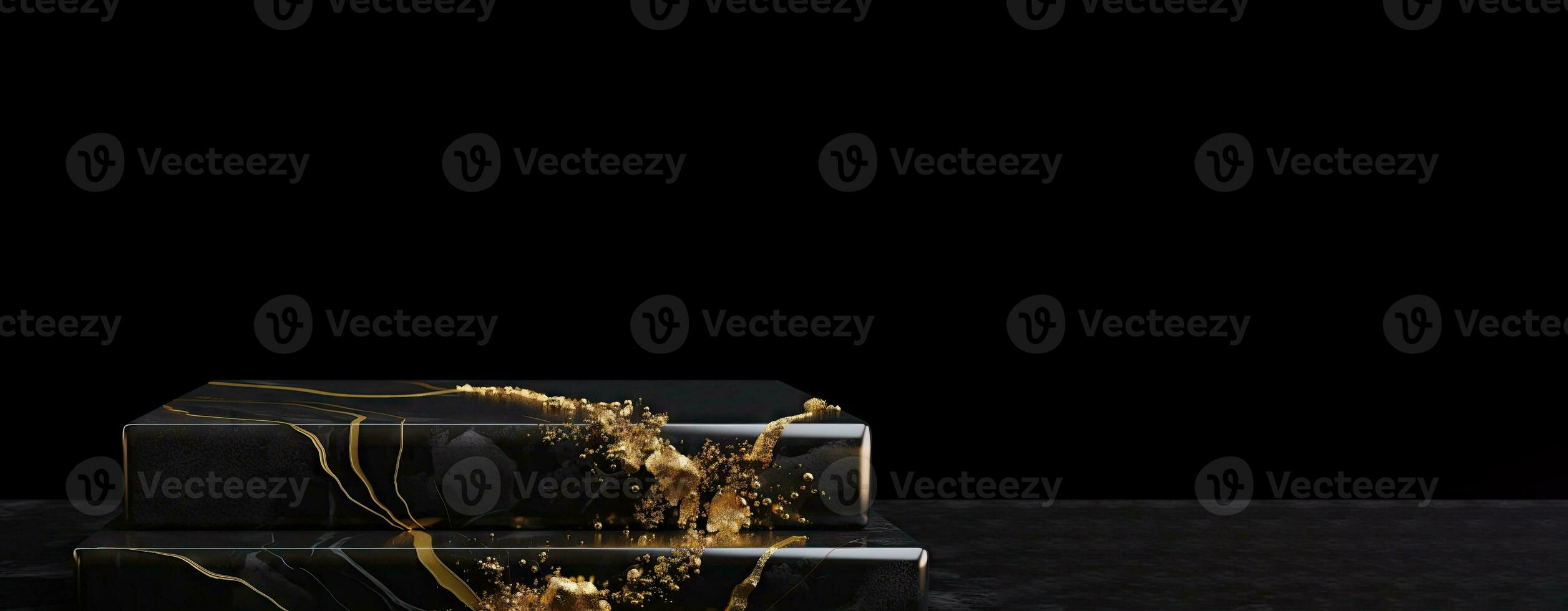 Black  marble  podiums with gold frames on a black background. Luxury marble geometric pedestal for the presentation of the product. 3d rendering composition. photo