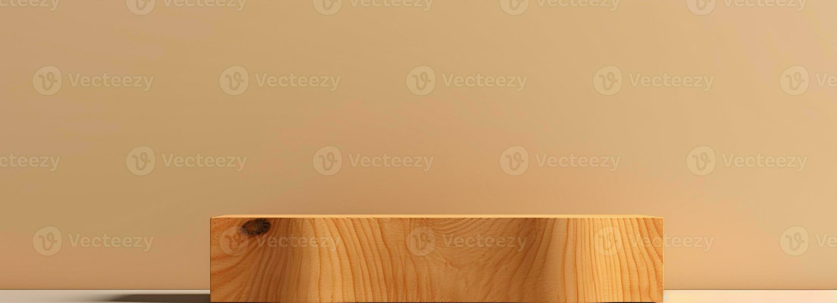 Empty wooden podium on table over modern  background. Interior mock up for design and product display photo