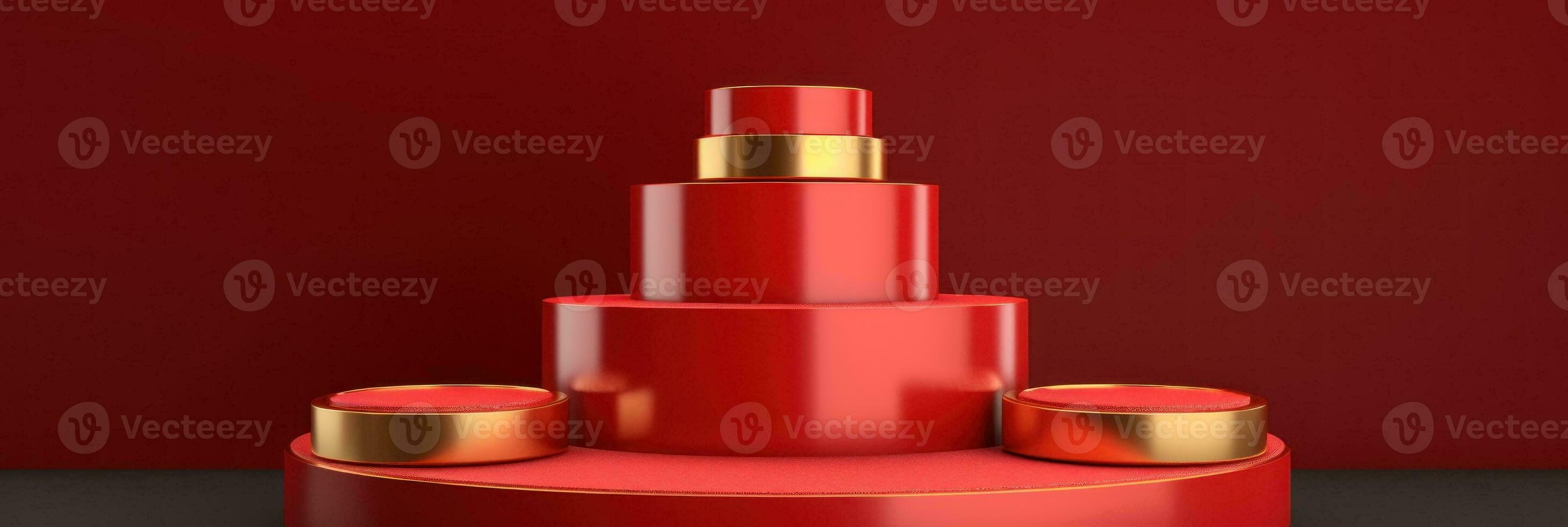 Red modern style one podium product showcase with golden ring frame Japanese style pattern background. A luxury stage for product advertising. photo