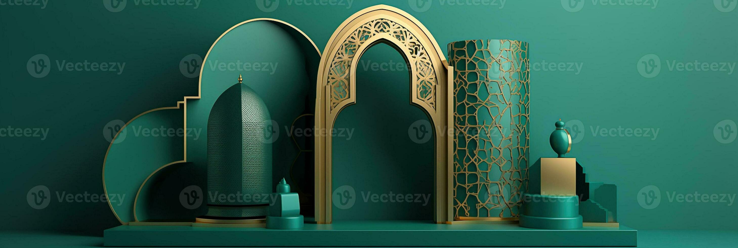 3D render Islamic decoration, Iftar, Eid, lanterns, cannonballs, text space and podium with gold inserts. Ramadan style composition. photo