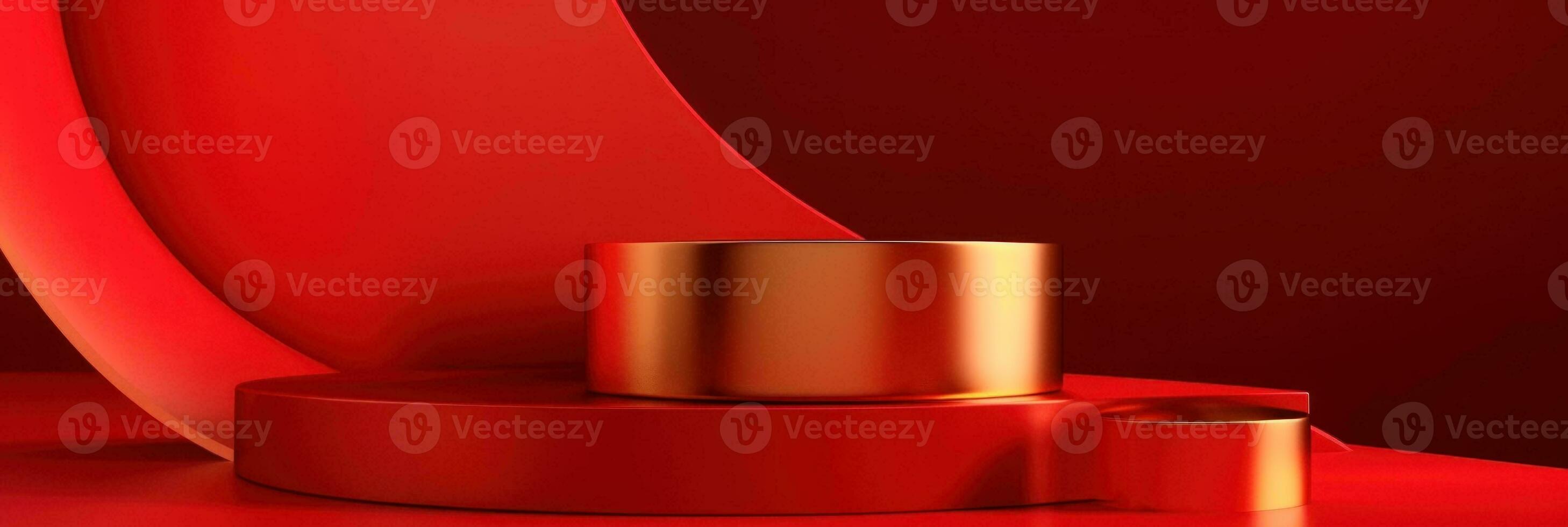 Red modern style one podium product showcase with golden ring frame Japanese style pattern background. A luxury stage for product advertising. photo
