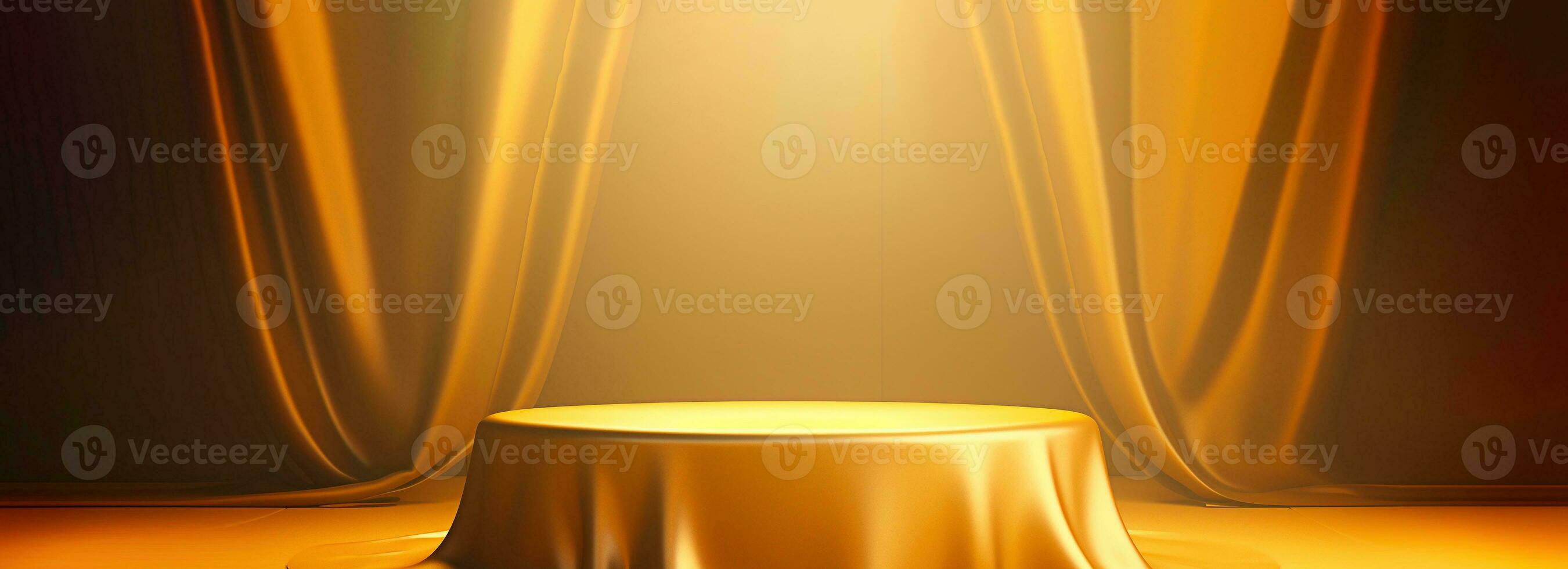 Gold fabric silk stage .3d Podium for product display. Round scene covered with golden cloth composition for modern stand display ,abstract showcase background. photo