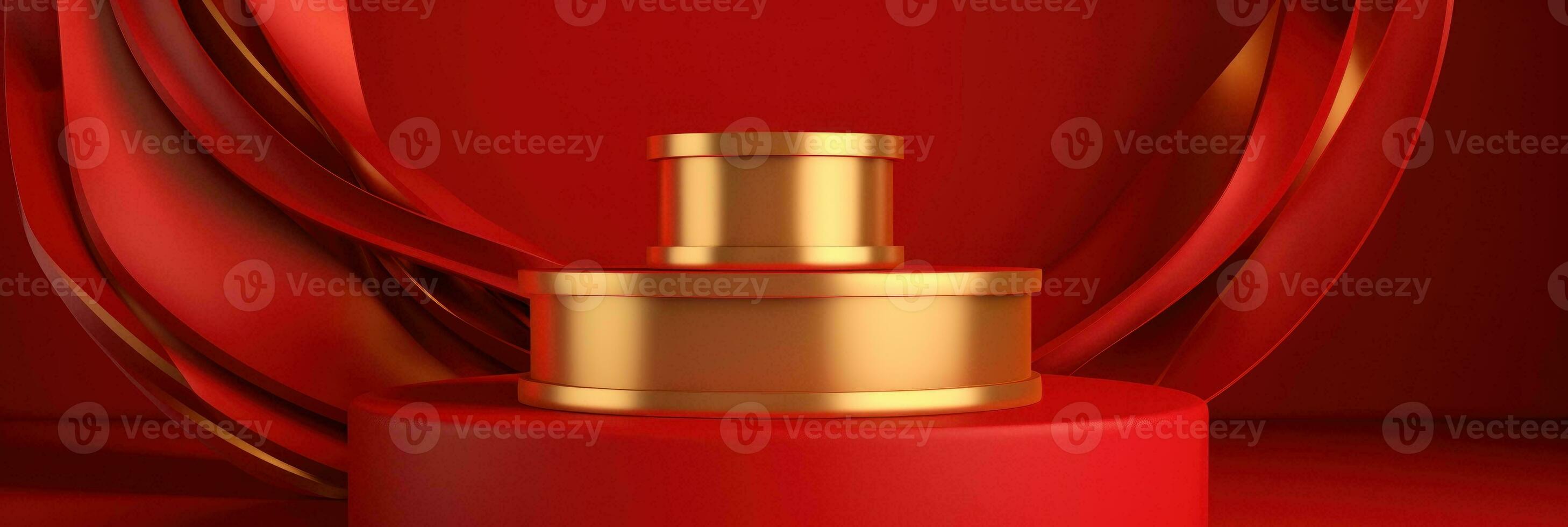 Red modern style one podium product showcase with golden ring frame Japanese style pattern background. A luxury stage for product advertising. photo