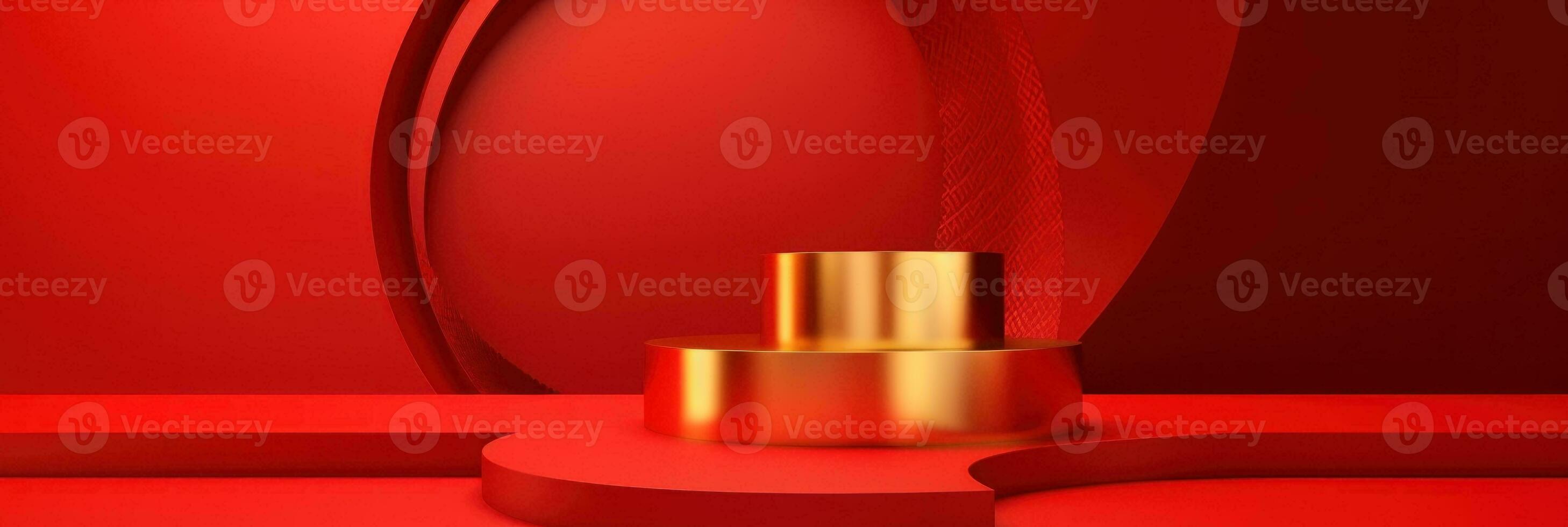 Red modern style one podium product showcase with golden ring frame Japanese style pattern background. A luxury stage for product advertising. photo