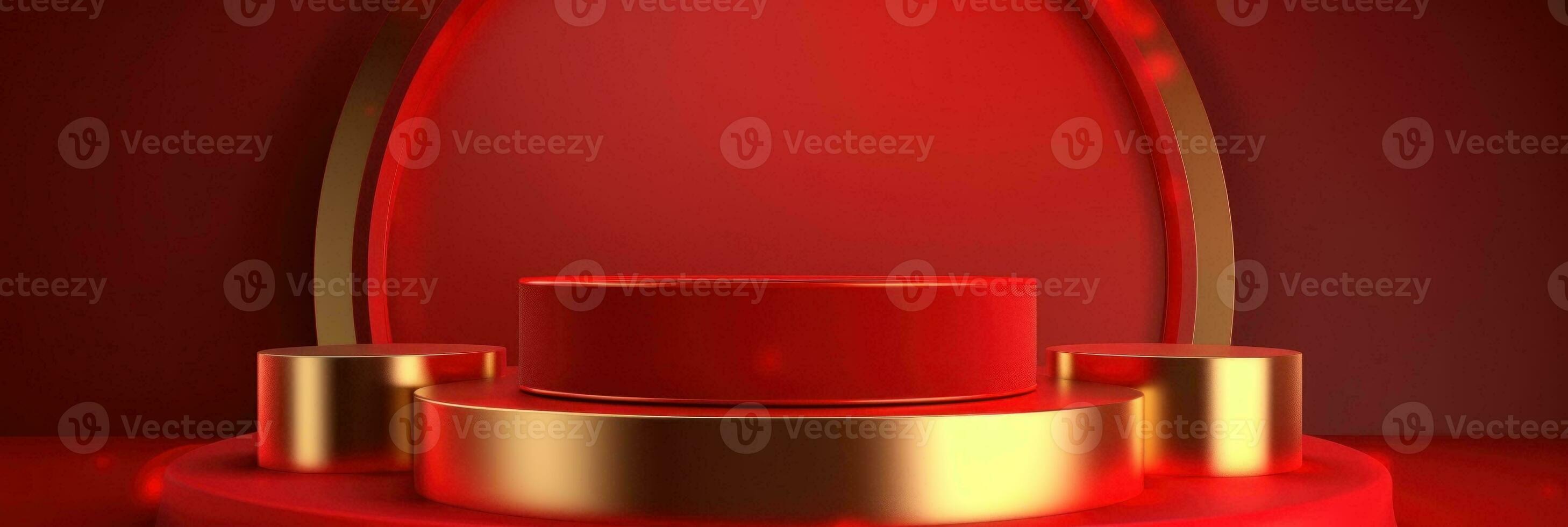 Red modern style one podium product showcase with golden ring frame Japanese style pattern background. A luxury stage for product advertising. photo