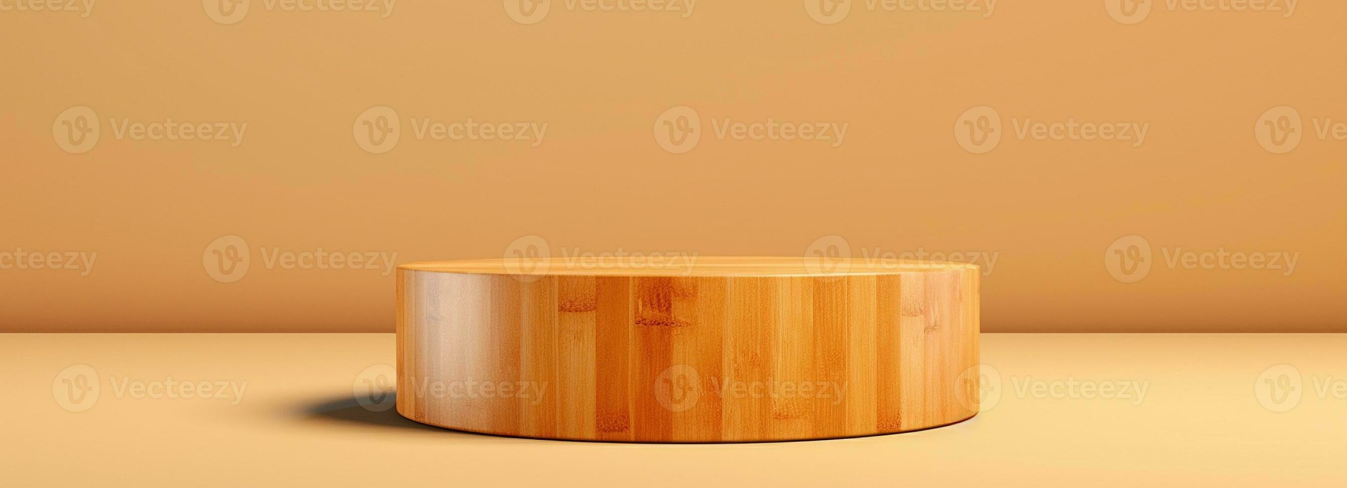 Empty wooden podium on table over modern  background. Interior mock up for design and product display photo