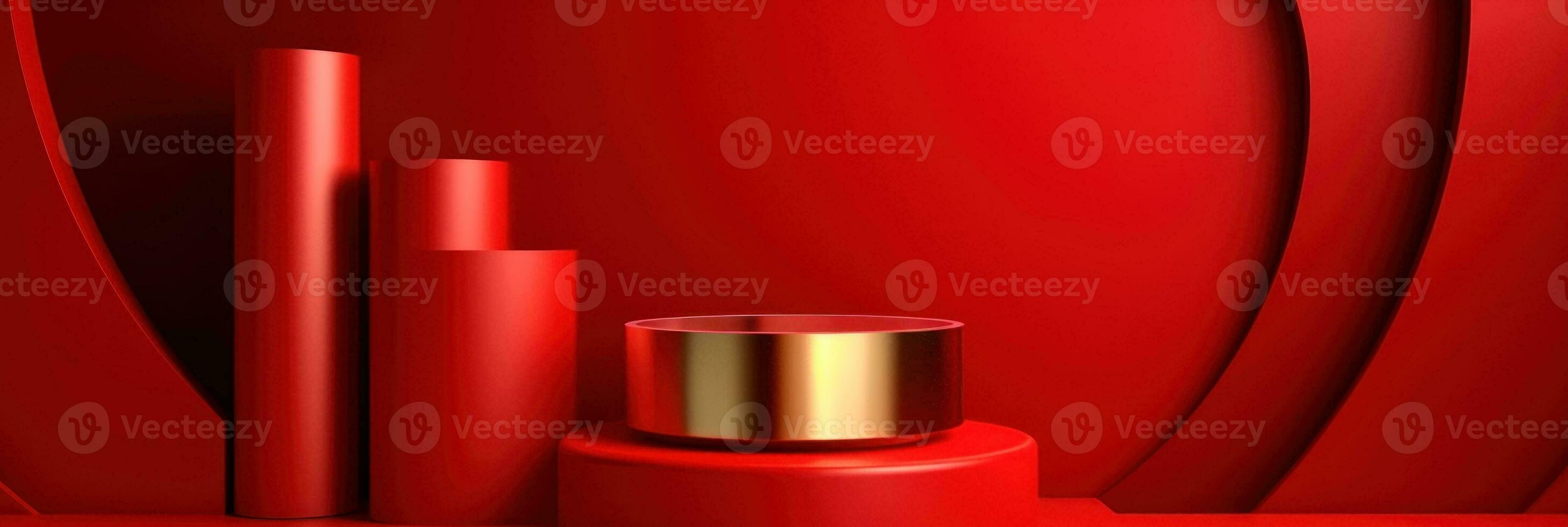 Red modern style one podium product showcase with golden ring frame Japanese style pattern background. A luxury stage for product advertising. photo
